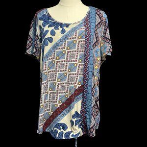 Patchwork Print Top w/ Ruching Detail